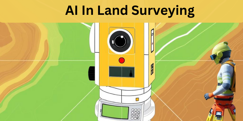 A futuristic depiction of land surveying with AI, showing drones and advanced equipment mapping out a landscape