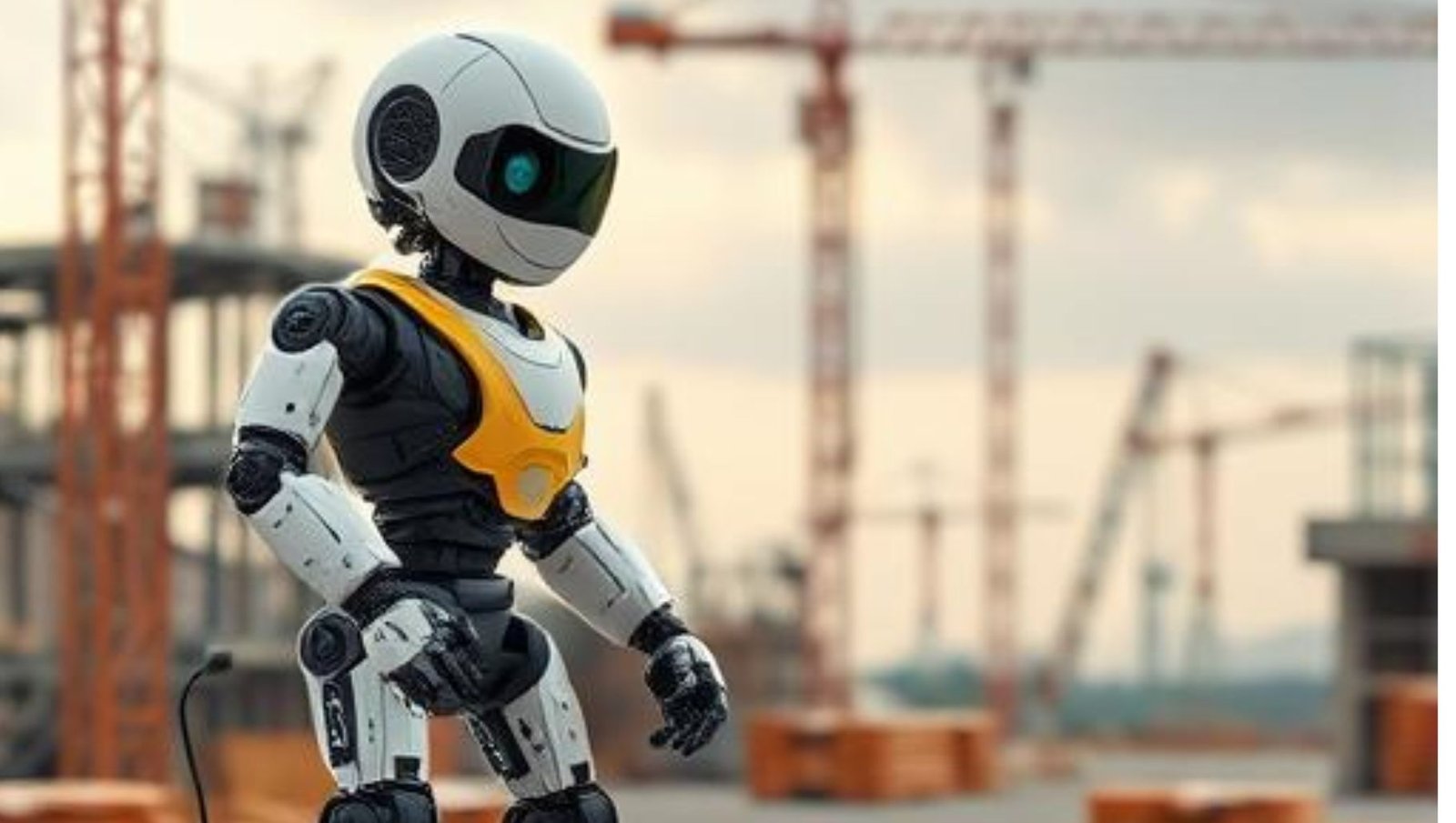 Robot in construction site with cranes and buildings in the background