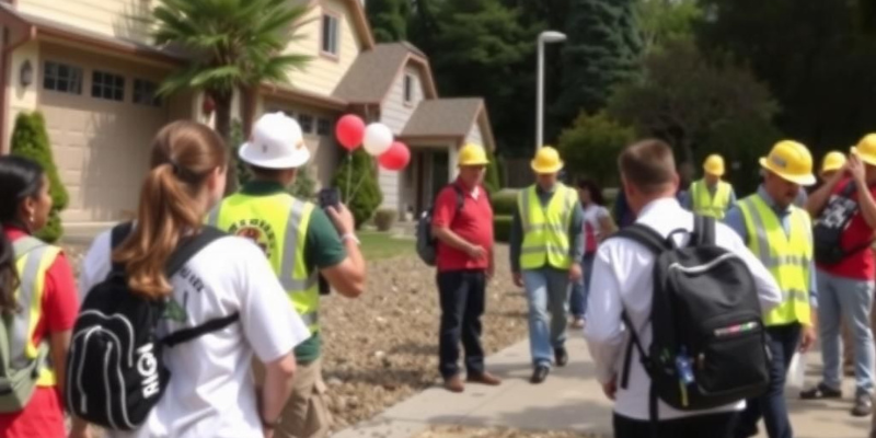 A community earthquake preparedness drill with participants practicing evacuation procedures